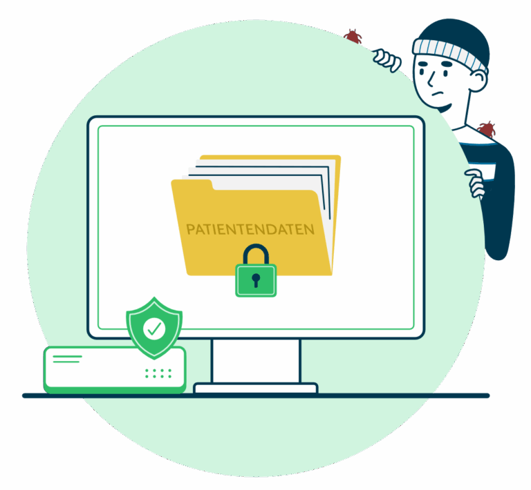 Illustration eines Computers und dessen Patientendaten. Daneben eine Hardware-Firewall, die den Computer und die Daten schützt. Im Hintergrund sieht man einen Hacker mit einem traurigen Gesichtsausdruck.