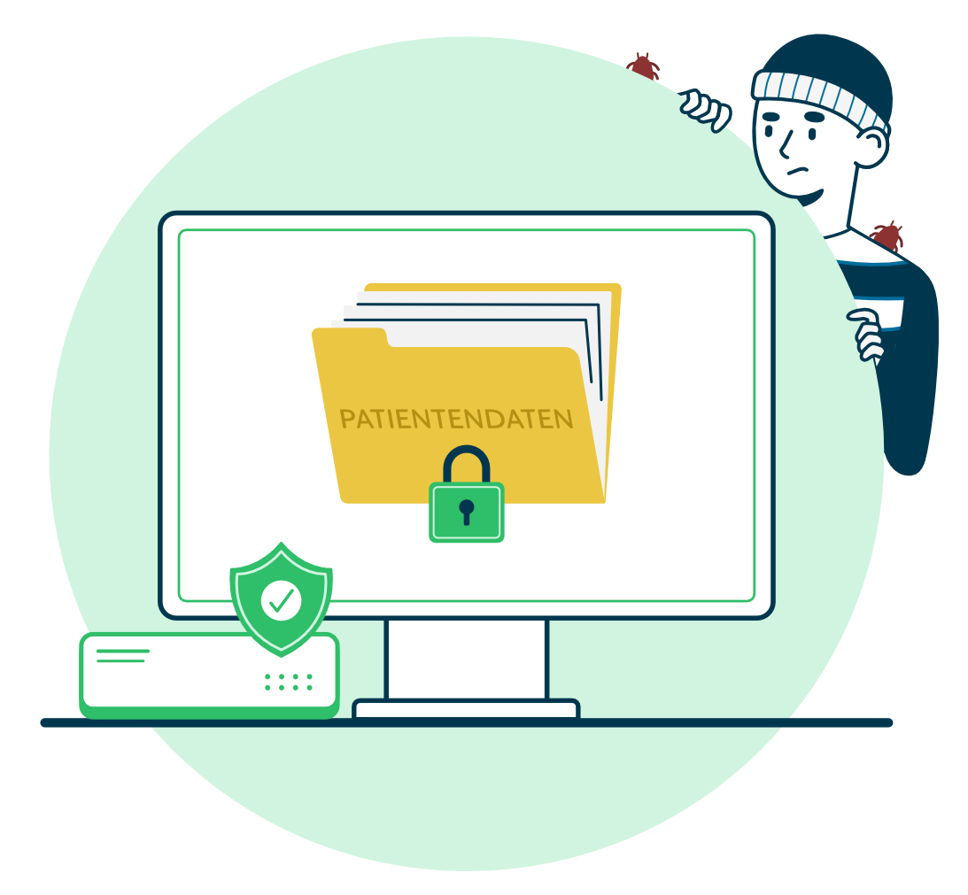 Illustration eines Computers und dessen Patientendaten. Daneben eine Hardware-Firewall, die den Computer und die Daten schützt. Im Hintergrund sieht man einen Hacker mit einem traurigen Gesichtsausdruck.