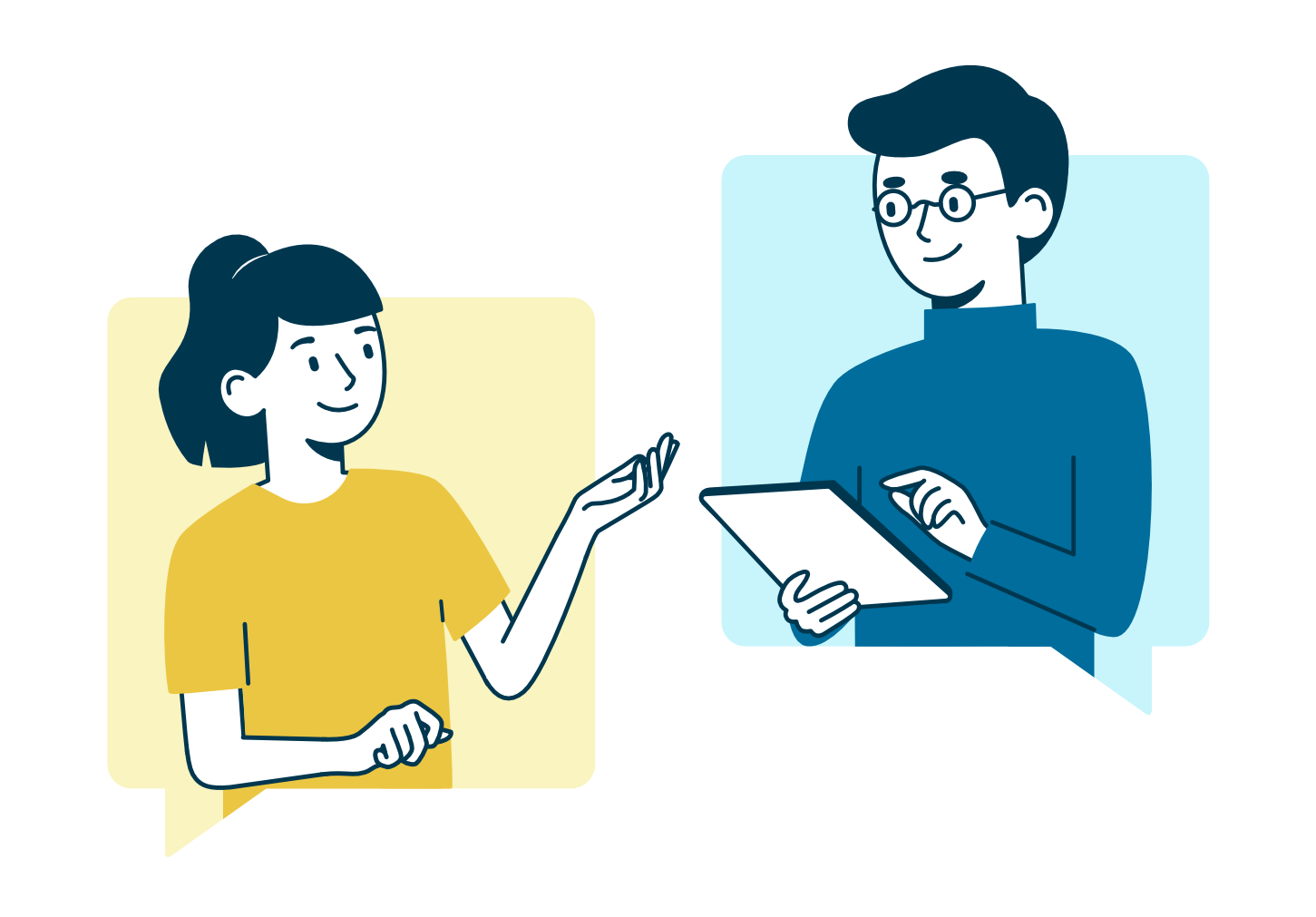 Illustration eines Gesprächs zwischen Therapeut und Patientin. Therapeut hält ein Tablet in der Hand.